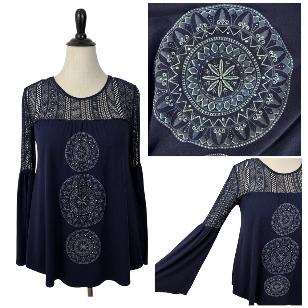 DESIGUAL Womens Babydoll Lace Beaded TOP M Celestial Glitter Boho Indie Hippie